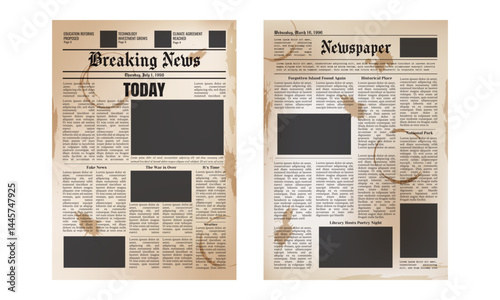 Vector vintage newspaper mockup with coffee cup stains, spots and splashes isolated on transparent background. Old newspaper pages template.