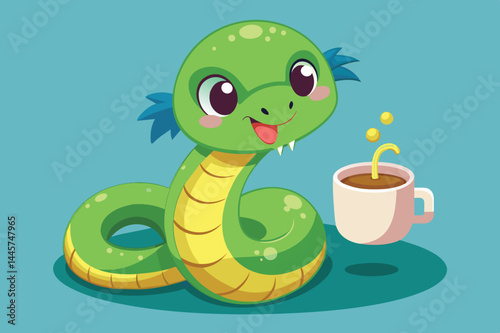 A charming green cartoon snake with large eyes and a friendly demeanor sits next to a steaming cup of hot beverage, radiating a playful and cozy vibe.