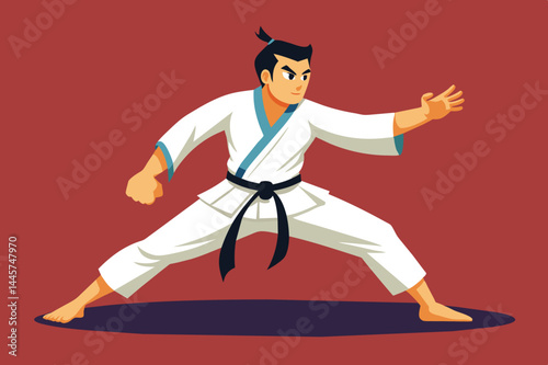 A martial artist stands confidently in a strong stance, wearing a white gi with a black belt, showcasing focus and determination in a vibrant setting.
