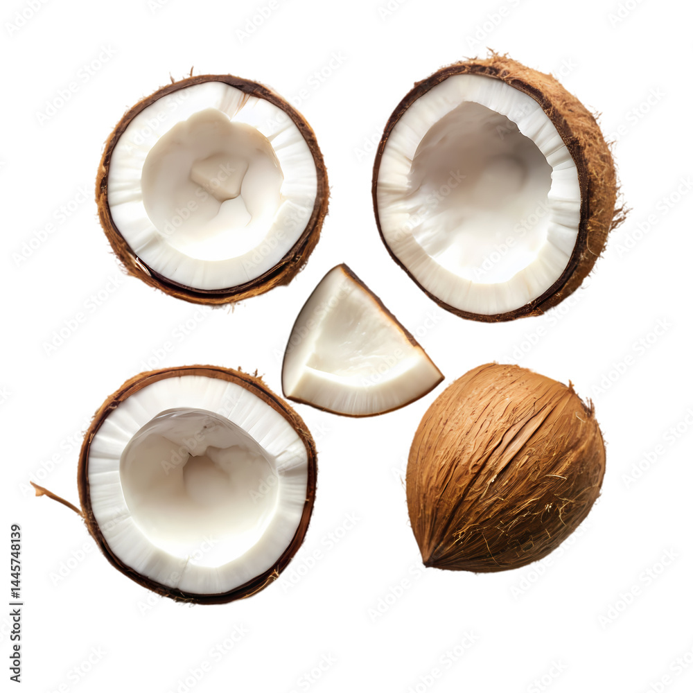 Fresh Coconut Pieces: High-Resolution Image of Coconut Halves and Flesh Fresh Coconut Pieces: High-Resolution Image of Coconut Halves and Flesh