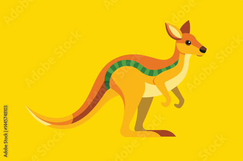 A cheerful, stylized kangaroo stands upright with a friendly expression, set against a bright yellow background, highlighting its vibrant colors and playful design appeal.
