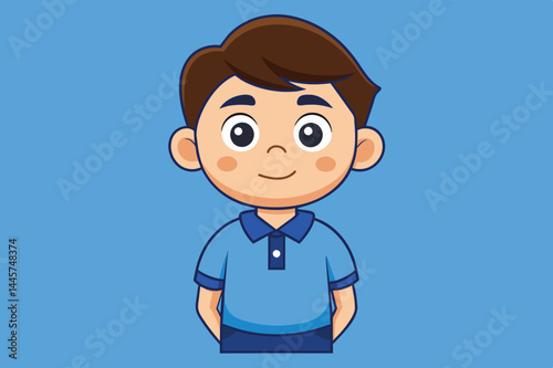 A young boy stands confidently, smiling with a friendly expression, dressed in a blue polo shirt, showcasing an approachable demeanor against a vibrant blue backdrop.