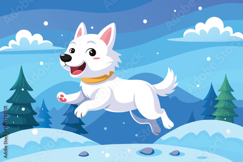 A playful white dog joyfully bounds through a snowy field with evergreen trees in the background, enjoying the crisp winter air and bright skies.