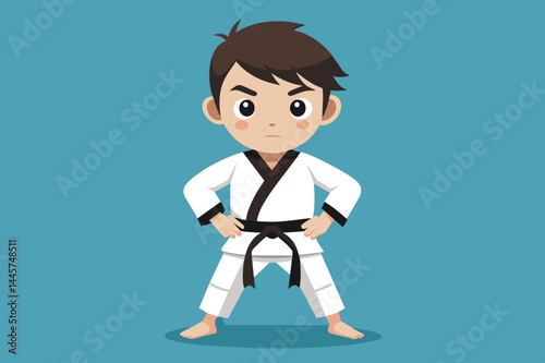 A young martial artist wearing a black belt displays confidence and focus while standing on a blue background, embodying the spirit of martial arts dedication.