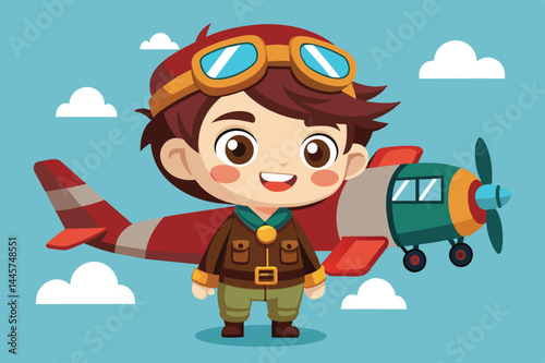 A young boy with a big smile and aviator goggles poses enthusiastically beside a vibrant red airplane, surrounded by a cheerful sky filled with clouds.