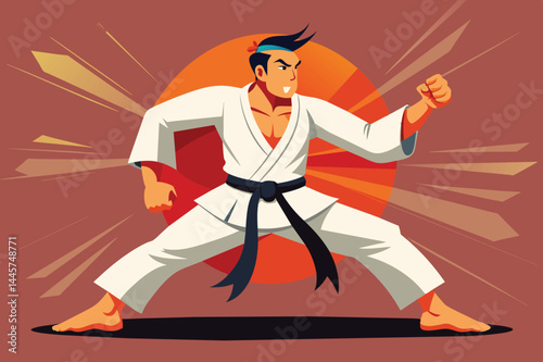 A focused martial artist stands in a strong fighting pose, wearing a white gi and black belt, ready to showcase his skills and strength in a dynamic training environment.