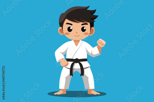 A young martial artist dressed in a black belt karate uniform stands proudly with a determined expression, ready for practice against a vibrant blue backdrop.