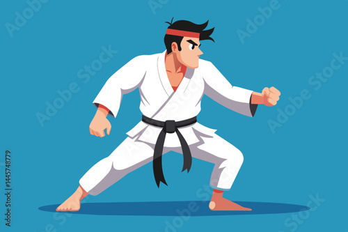 A dedicated martial artist wears a white gi and black belt, showcasing a powerful stance. The vibrant blue background emphasizes the intensity of the training moment.