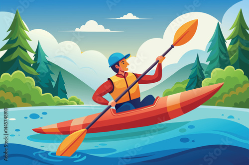 A kayaker paddles softly through calm waters, enjoying the serenity of nature with lush greenery and majestic mountains in the background under a clear blue sky.