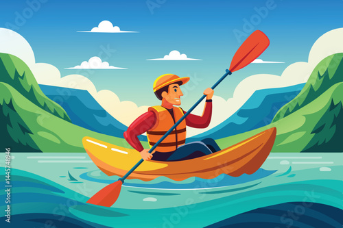 A person is happily kayaking on serene waters, navigating through gentle ripples with scenic mountains and clear blue skies in the background.