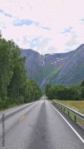 Vertical view of Norway road from car
