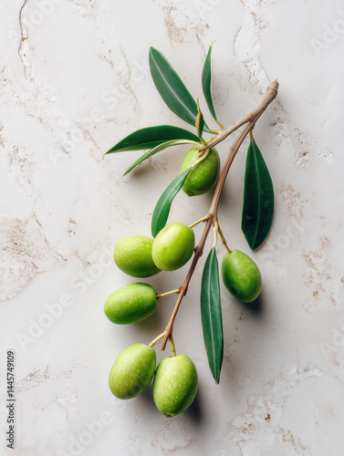 Olive branch with green olives resting on marble surface