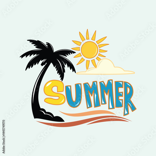 Colorful Word Summer Vector Logo with Palm Tree and Sun