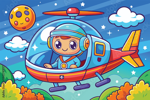 A happy child pilots a colorful helicopter above lush green trees, surrounded by fluffy clouds and a smiling moon, embodying a playful adventure in the sky.