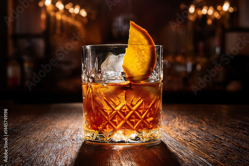 Cóctel Old Fashioned en barra de bar con naranja y hielo 02