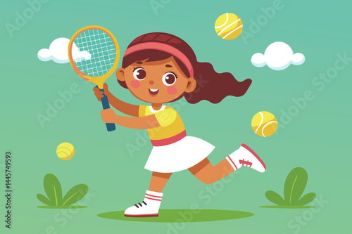 A cheerful girl plays tennis, running on grass with her racket raised. She smiles as tennis balls float around her, enjoying a sunny and playful outdoor activity.