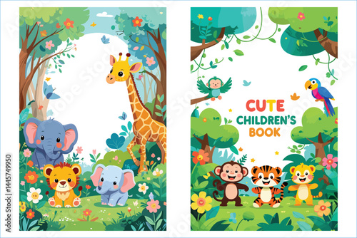 Cartoon Animals In The Jungle Forest Illustration For Childrens Book Design Template