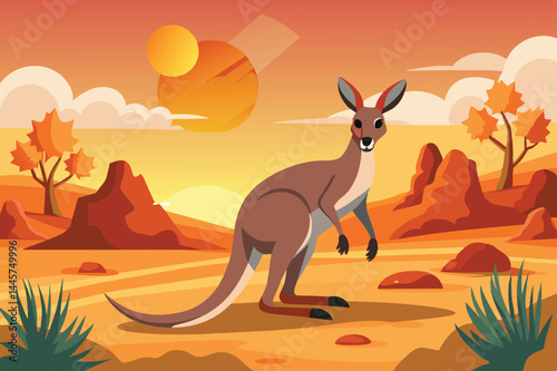 A kangaroo is positioned in the Australian outback at sunset, showcasing its natural beauty against a backdrop of vibrant orange skies and distant rocky formations.