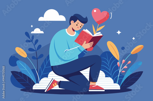 The young man kneels on a soft surface as he immerses himself in a book, surrounded by vibrant plants and a heart-shaped element in a serene landscape.