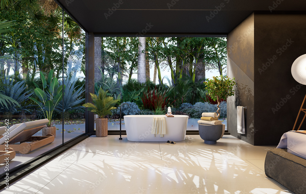 Fototapeta premium 3D render of a round bath tub in a luxury hotel suite