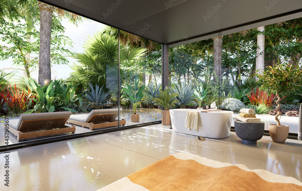 Fototapeta premium 3D render of a round bath tub with tropical garden view