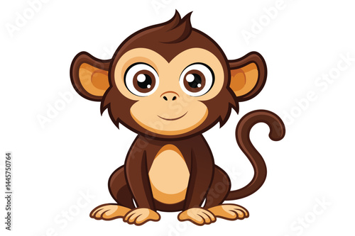 A cheerful cartoon monkey with large eyes and a friendly expression sits happily, showcasing its playful nature and engaging design.