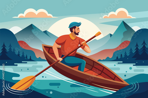 A man skillfully navigates a canoe on a tranquil lake, framed by majestic mountains and a bright sky early in the morning.