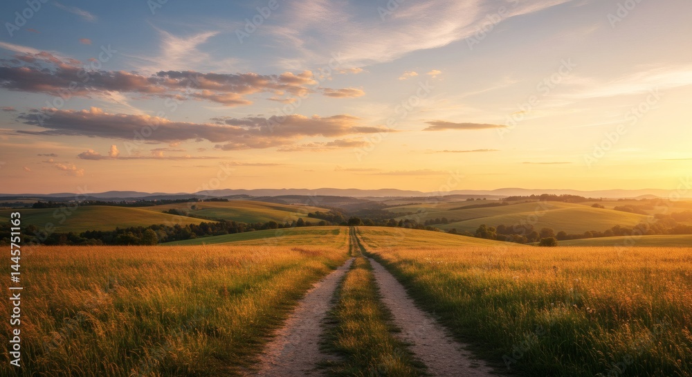 Fototapeta premium Dirt Road Leading Through Golden Field at Sunset Countryside Landscape