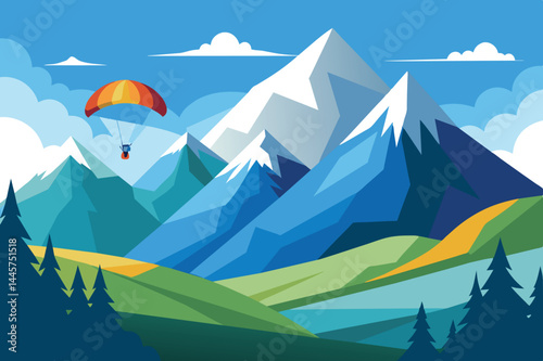 A paraglider gracefully glides through the air above stunning mountain peaks and rich green valleys, enjoying the beautiful weather and picturesque landscape.