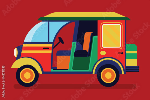 A lively rickshaw with bold colors sits against a striking red backdrop, highlighting its distinctive structure and inviting interior as it awaits passengers.