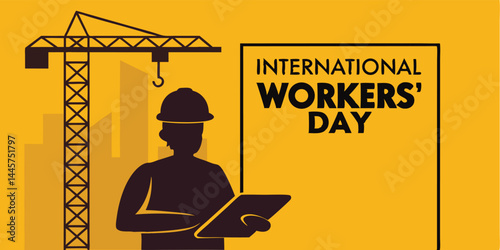 Vector Image Graphic Art Illustration of International Workers Day Construction Worker and Crane