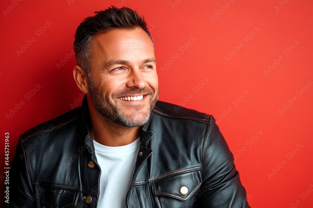 Obraz premium Red solid background. A confident man in a professional studio photo. Idea art of style for aging men. Elegant men's layered waves haircut - midlife white man with black hair.