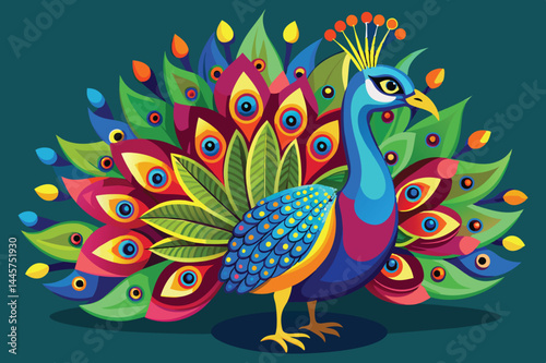 A peacock stands proudly, showcasing an array of vivid feathers that fan out behind it, each adorned with intricate patterns and bright colors against a solid backdrop.
