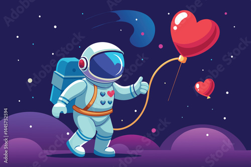 An astronaut in a spacesuit is giving a thumbs-up while holding a heart-shaped balloon against a starry, cosmic background filled with hearts and whimsical clouds.