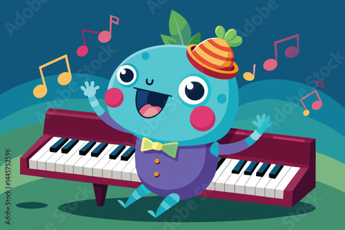 A joyful blue character wearing a colorful hat enthusiastically plays a piano while musical notes float around in a vibrant setting filled with greenery.
