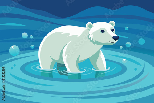 A polar bear stands in clear blue water, creating gentle ripples. The serene setting captures the essence of Arctic wildlife during warm summer days.