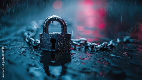 Padlock chained in rain