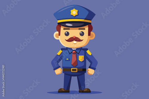 A cheerful cartoon police officer stands proudly with a mustache, wearing a classic uniform and hat, conveying a sense of authority and approachability.