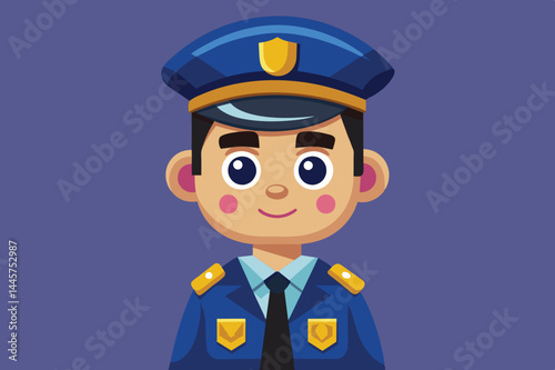 A friendly cartoon character representing a police officer, featuring a blue uniform and cap, designed to engage young audiences in learning about community helpers.