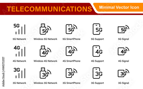 Modern 5G Telecommunications Line Icons – Minimalist Vector Outline Illustrations for Wireless Tech, Mobile Data, Network Infrastructure, and IoT Connectivity