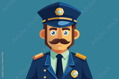 A cheerful cartoon police officer is depicted wearing a blue uniform with a badge, smiling to convey a sense of trust and community presence in law enforcement.