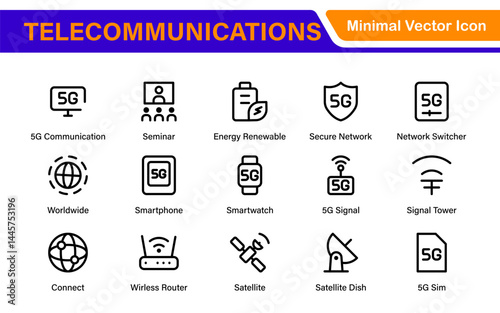 Modern 5G Telecommunications Line Icons – Minimalist Vector Outline Illustrations for Wireless Tech, Mobile Data, Network Infrastructure, and IoT Connectivity