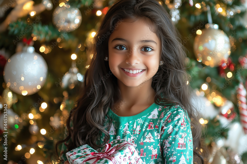 Child holding gift christmas tree Child holding gift christmas tree