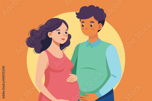 A happy couple stands together, with the woman gently cradling her baby bump while the man lovingly embraces her, showcasing their excitement for the new arrival.