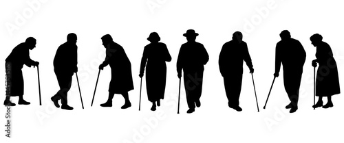 Senior people silhouette. Elderly people walking in a line against a white background.