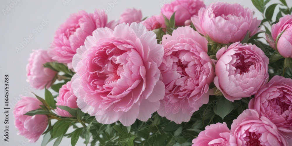 Fototapeta premium Vibrant pink peonies and roses, fresh bouquet, white backdrop , romantic, garden