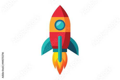 A vibrant rocket is ascending, leaving behind fiery flames, representing the thrill of space exploration and the quest for adventure in the cosmos.