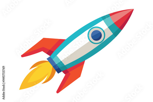 A vibrant cartoon rocket is blasting off, with bright flames and a playful design, symbolizing adventurous journeys in outer space and children's imagination.