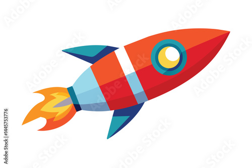 The rocket, painted in bright colors, rises swiftly through the dark expanse of space, embodying a sense of adventure and discovery on a journey among the stars.