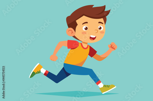 A cheerful young boy dressed in a colorful outfit is running with enthusiasm, showcasing his playful energy and happiness in a vibrant, animated setting.
